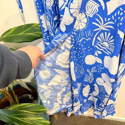 Miracle Blue & White Print V-Neck Maxi Dress Size 16