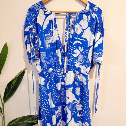 Miracle Blue & White Print V-Neck Maxi Dress Size 16