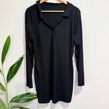 Boohoo Black Ribbed Collared Long Sleeve Mini Dress Size UK 22 | U/Arm to U/Arm 57cm
