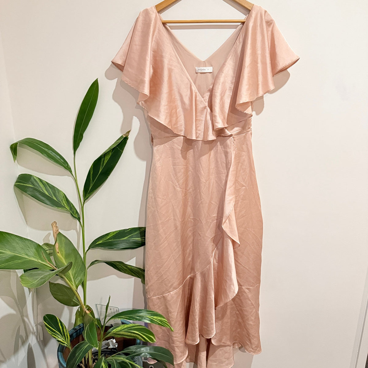 Pagani Blush Satin Ruffle Wrap Midi Dress Size 12