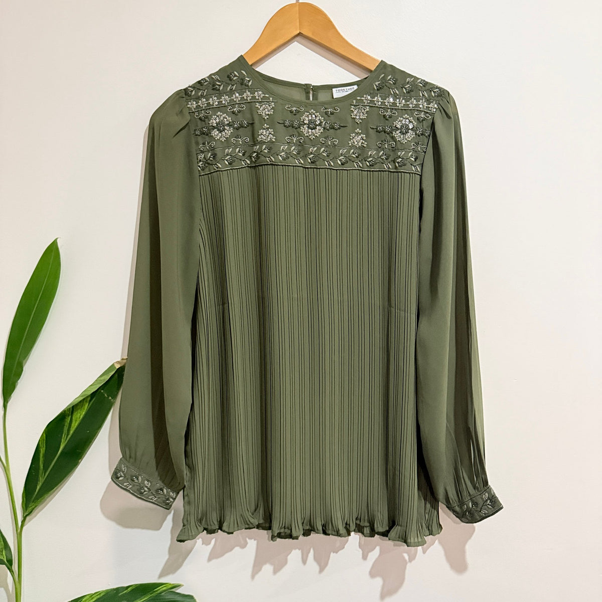 Together Olive Embroidered Yoke Pleated Blouse Size 42 (47cm u/arm)
