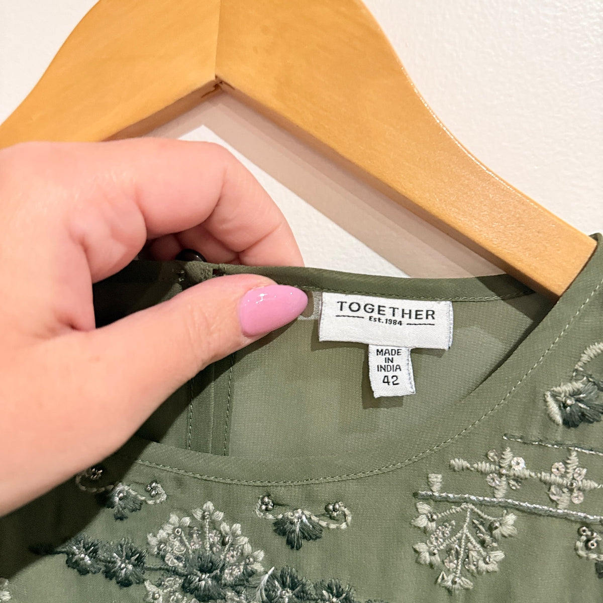 Together Olive Embroidered Yoke Pleated Blouse Size 42 (47cm u/arm)