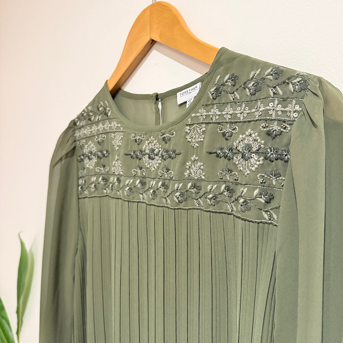 Together Olive Embroidered Yoke Pleated Blouse Size 42 (47cm u/arm)