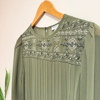 Together Olive Embroidered Yoke Pleated Blouse Size 42 (47cm u/arm)