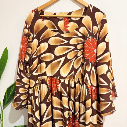Brown & Rust Retro Floral Bell Sleeve Tiered Maxi Dress - 66cm u/arm