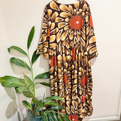 Brown & Rust Retro Floral Bell Sleeve Tiered Maxi Dress - 66cm u/arm
