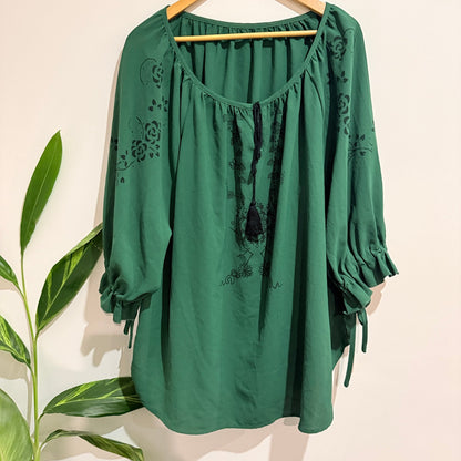 SHEIN Curve Green Tassel Tie Peasant Blouse Size 4XL