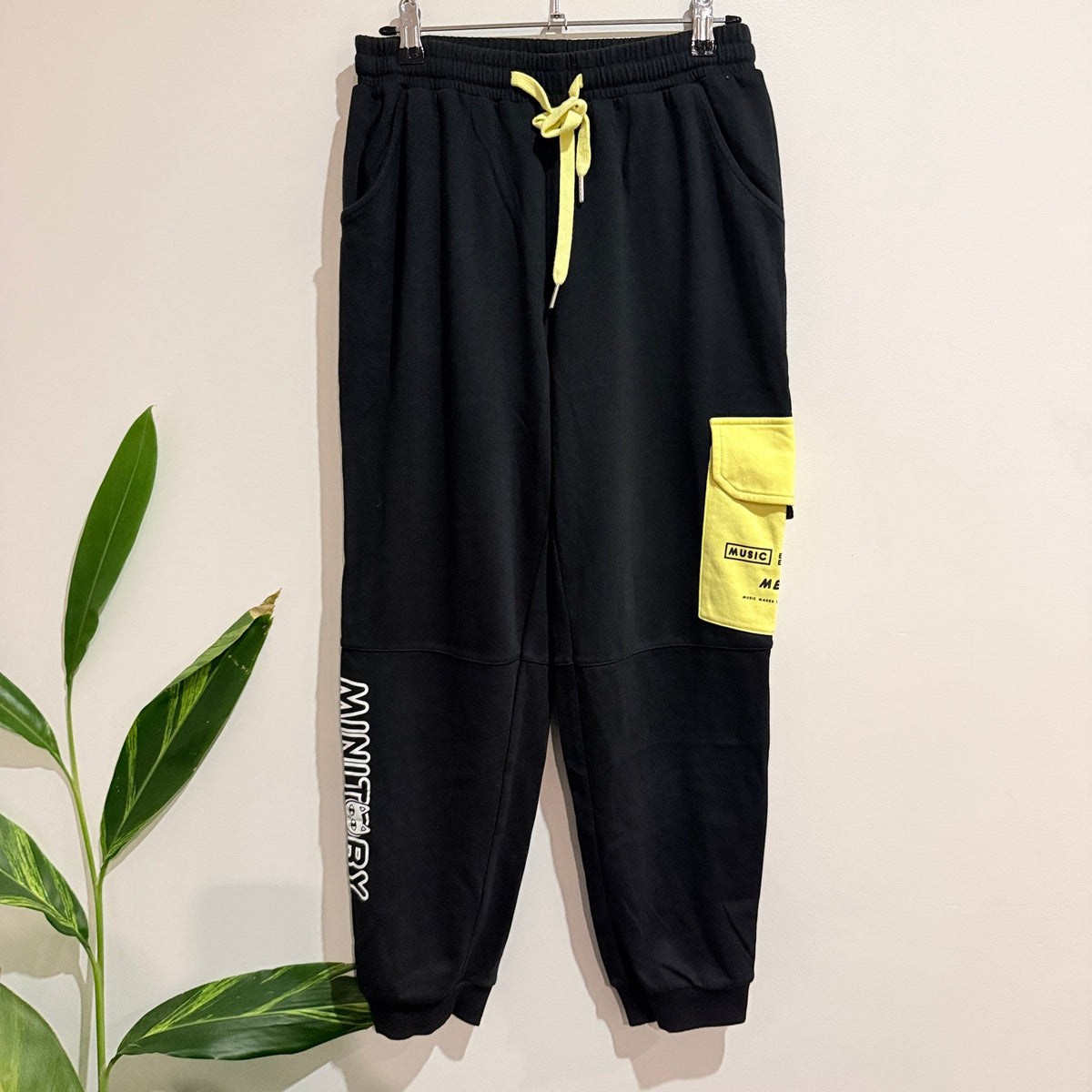 Mini Toby Black Joggers with Yellow Cargo Pocket Size M / 70cm waist