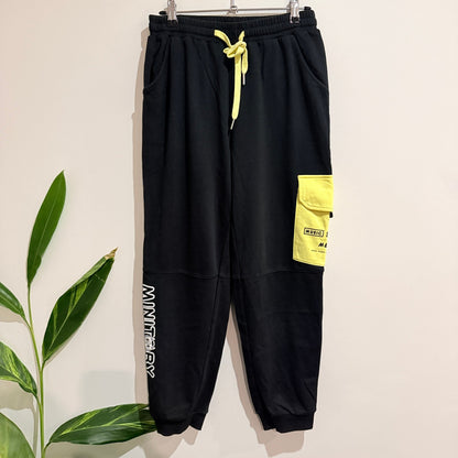 Mini Toby Black Joggers with Yellow Cargo Pocket Size M / 70cm waist
