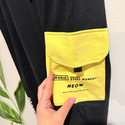 Mini Toby Black Joggers with Yellow Cargo Pocket Size M / 70cm waist