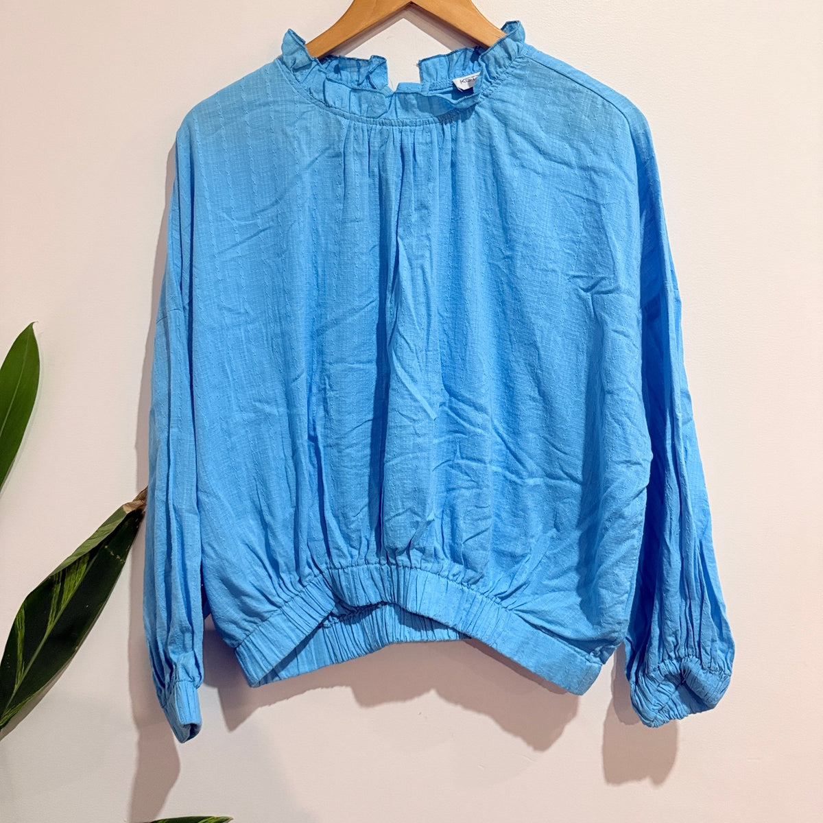 Ketz-ke Sky Blue Ruffle Neck Cotton Blouse Size 10