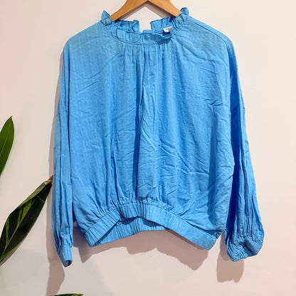 Ketz-ke Sky Blue Ruffle Neck Cotton Blouse Size 10