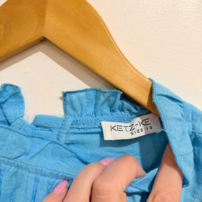 Ketz-ke Sky Blue Ruffle Neck Cotton Blouse Size 10