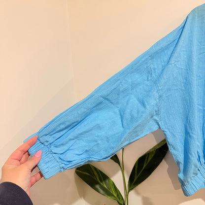 Ketz-ke Sky Blue Ruffle Neck Cotton Blouse Size 10