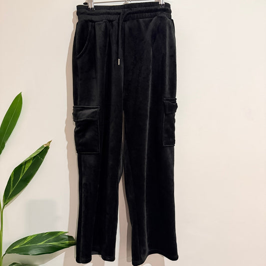 Black Ribbed Velour Wide Leg Cargo Pants Size Waist 66cm