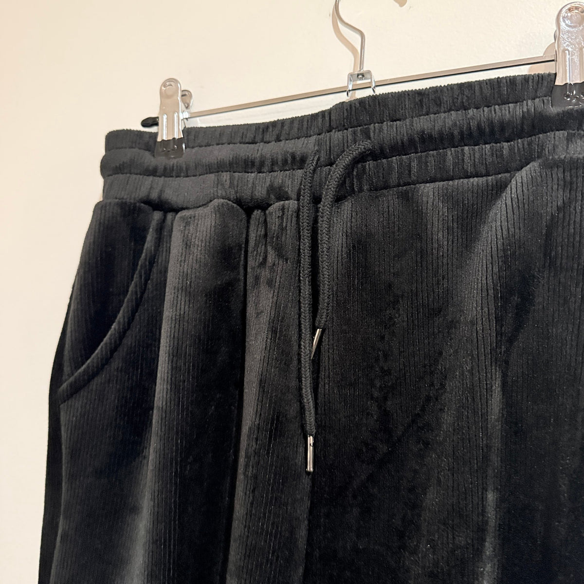 Black Ribbed Velour Wide Leg Cargo Pants - 66cm waist