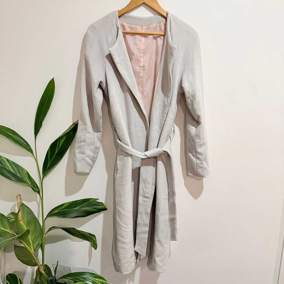 Pale Grey Belted Longline Coat with Printed Lining - 47cm u/arm