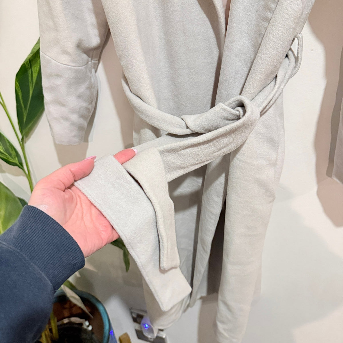 Pale Grey Belted Longline Coat with Printed Lining - 47cm u/arm