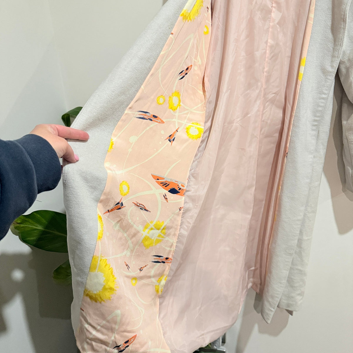 Pale Grey Belted Longline Coat with Printed Lining - 47cm u/arm