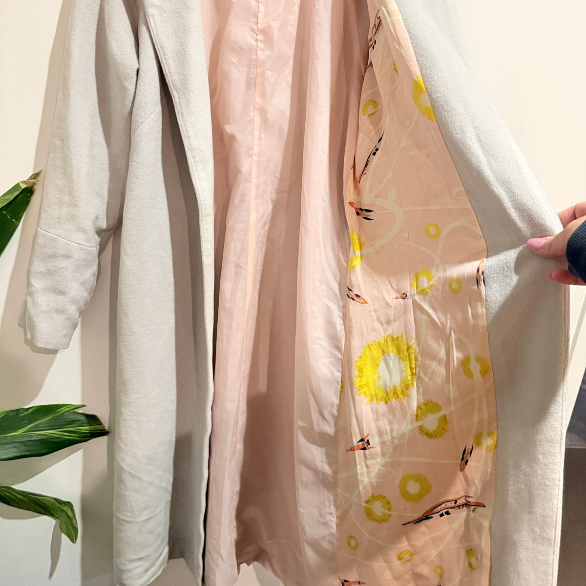 Pale Grey Belted Longline Coat with Printed Lining - 47cm u/arm