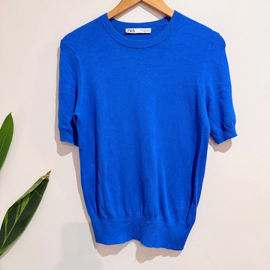 Zara Cobalt Blue Fine Knit Short Sleeve Top Size M