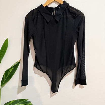 ASOS Design Black Sheer Mesh Collared Bodysuit Size UK 12