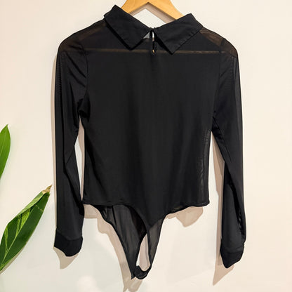 ASOS Design Black Sheer Mesh Collared Bodysuit Size UK 12