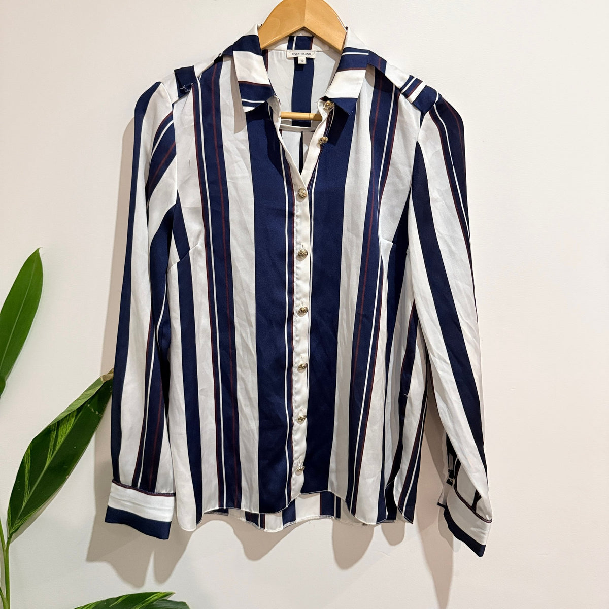 River Island Navy & White Stripe Satin Shirt Size UK 12