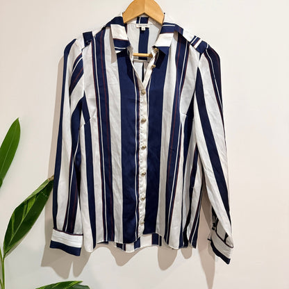 River Island Navy & White Stripe Satin Shirt Size UK 12