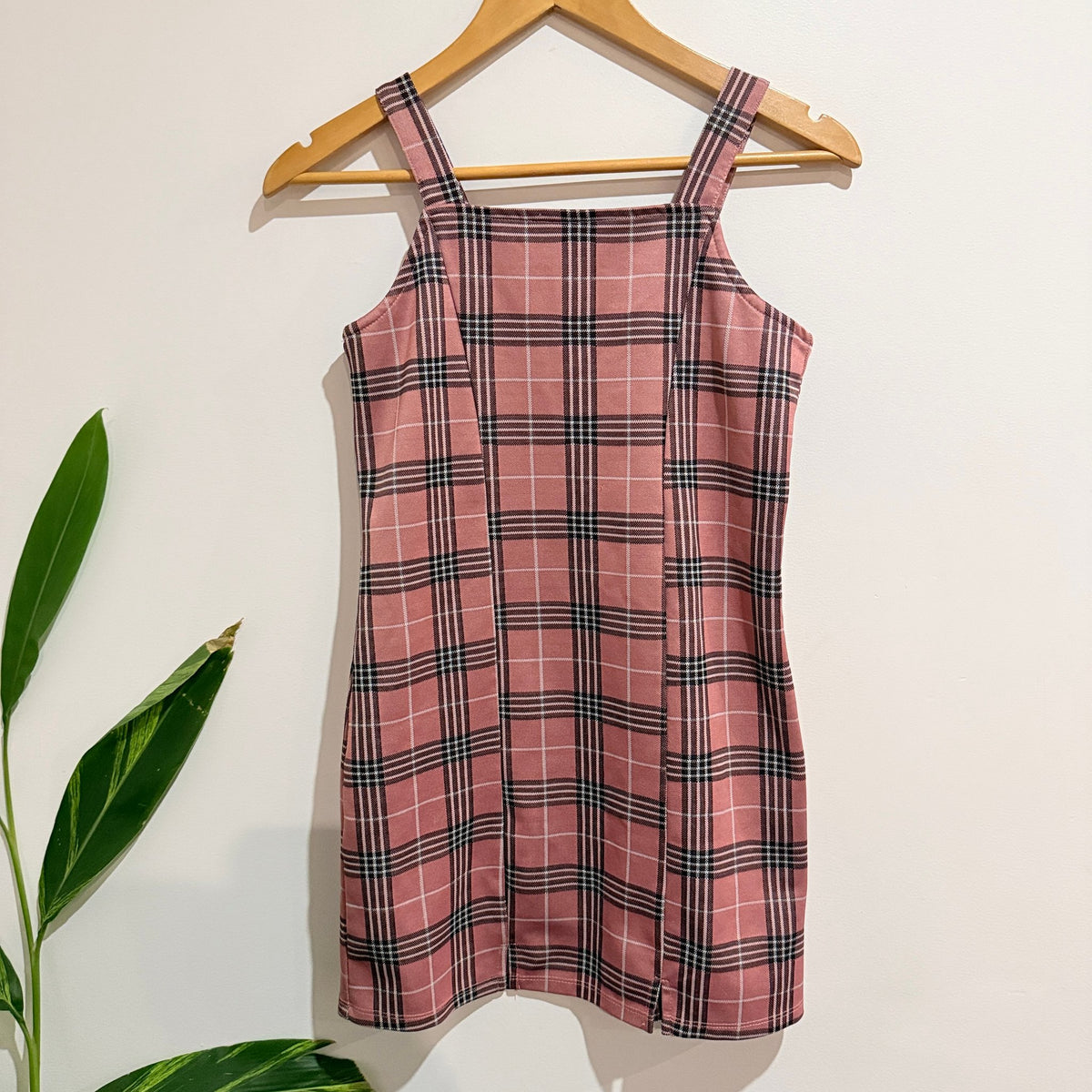 Girls Pink Plaid Pinafore Mini Dress - 38cm u/arm 9-12
