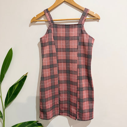 Girls Pink Plaid Pinafore Mini Dress - 38cm u/arm 9-12
