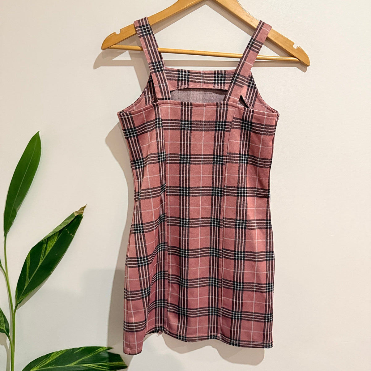 Girls Pink Plaid Pinafore Mini Dress - 38cm u/arm 9-12