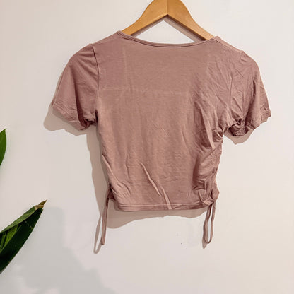 Mocha Square Neck Ruched Side Tie Crop Tee - u/arm 35cm