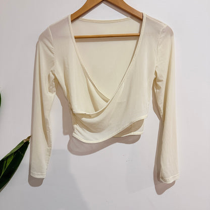 Cream Wrap Front Long Sleeve Crop Top Size M