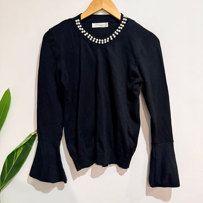 Miracle Black Pearl Neck Bell Sleeve Knit Jumper Size M/L
