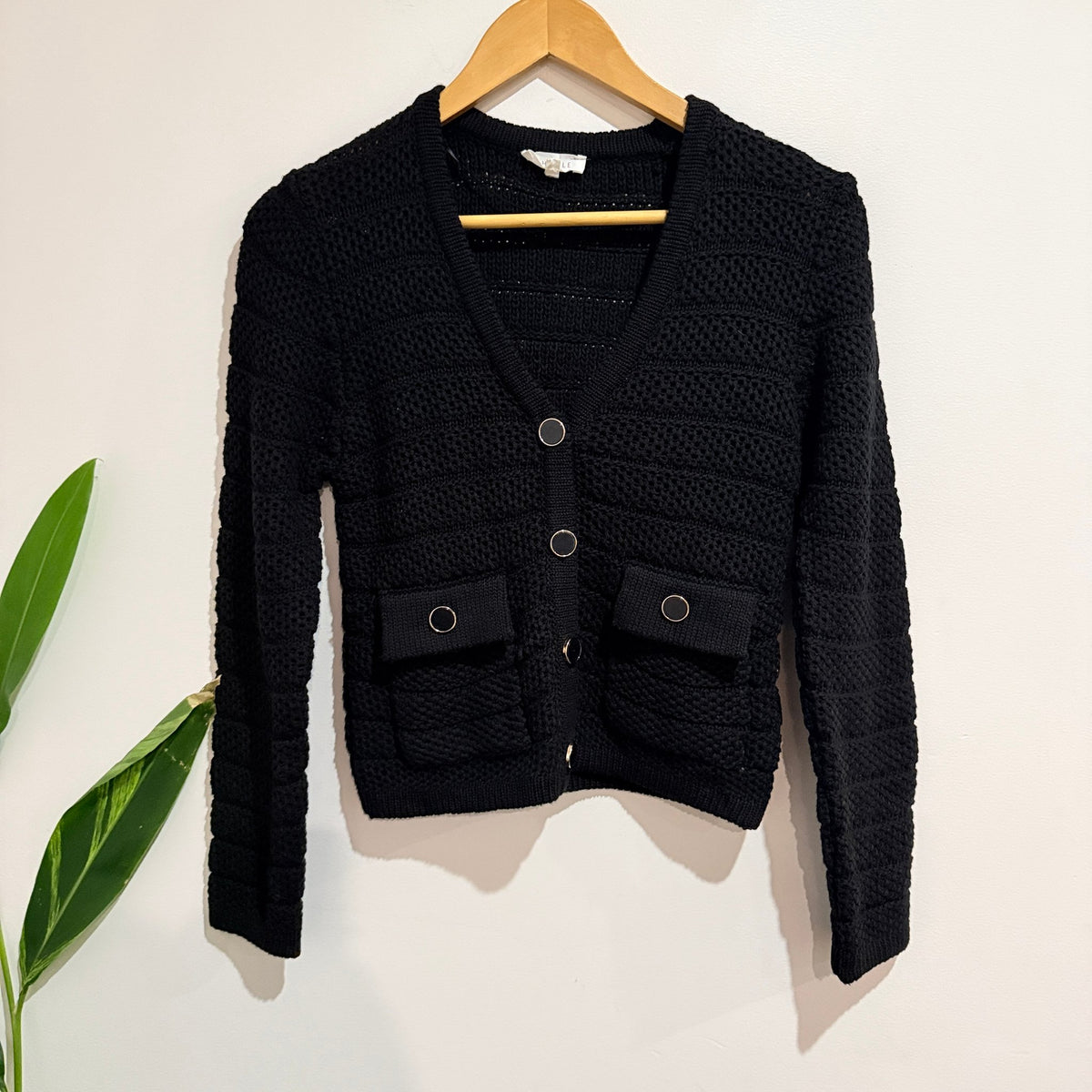 Whistle Black Open Knit Cardigan with Flap Pockets Size XS