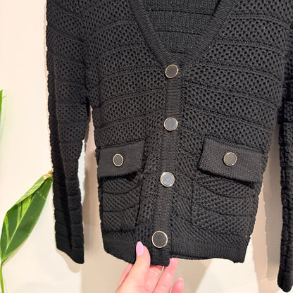 Whistle Black Open Knit Cardigan with Flap Pockets Size XS