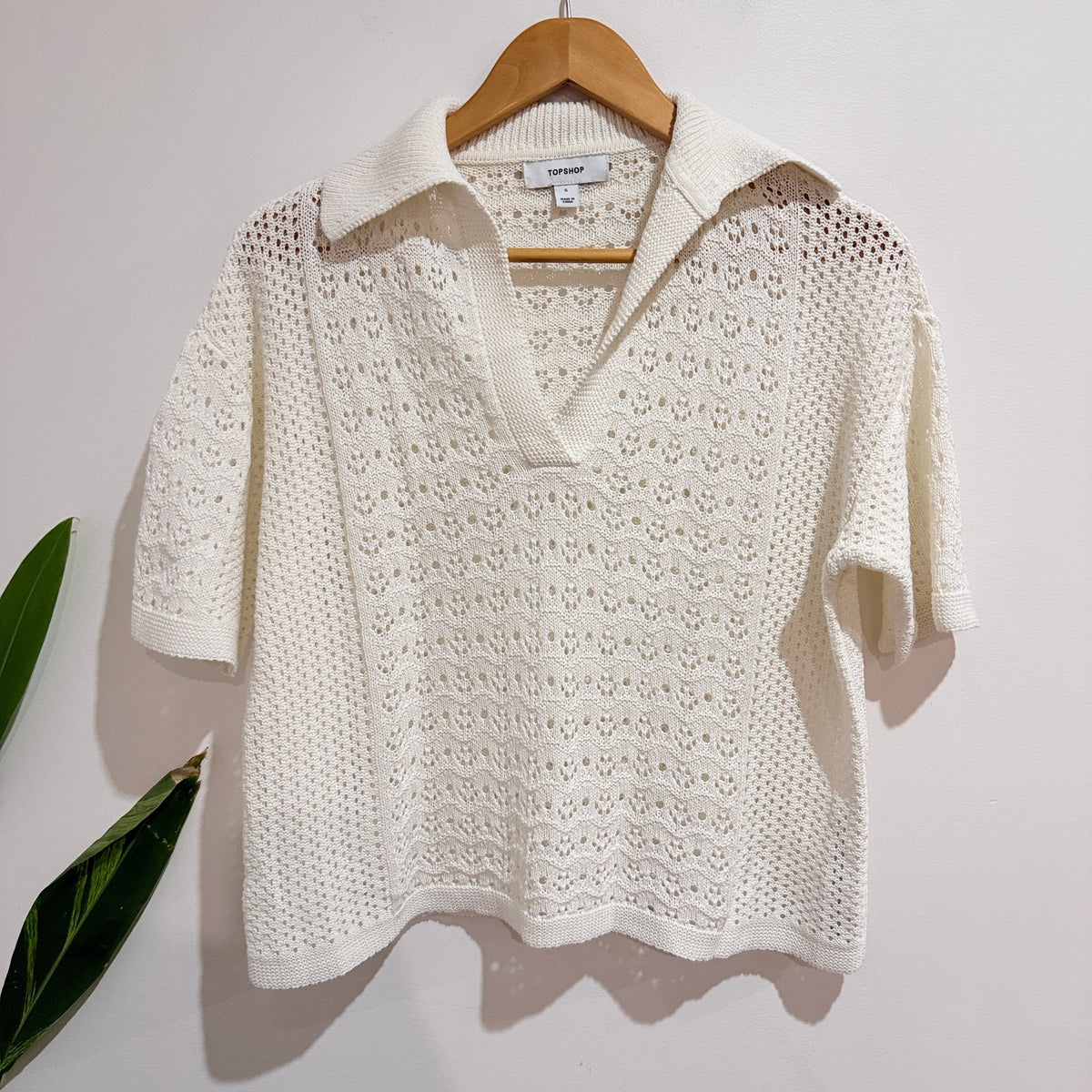 Topshop Cream Crochet Knit Collared Top Size S