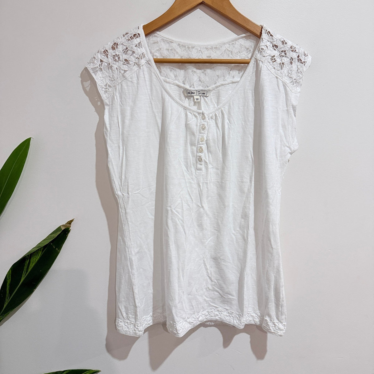 Fat Face White Lace Yoke Henley Top Size 12