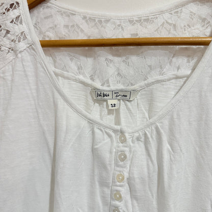 Fat Face White Lace Yoke Henley Top Size 12