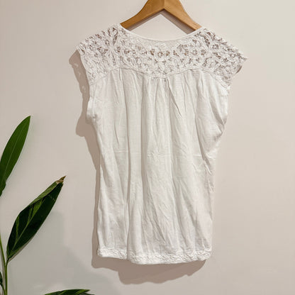 Fat Face White Lace Yoke Henley Top Size 12