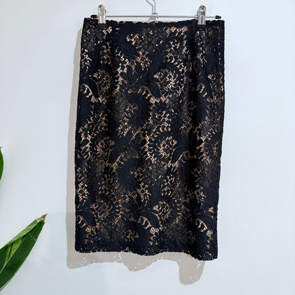 Alannah Hill Black Lace Pencil Skirt with Nude Lining Size 8