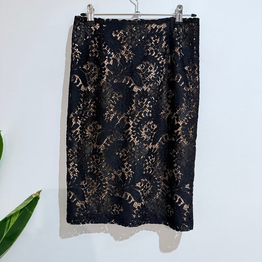 Alannah Hill Black Lace Pencil Skirt with Nude Lining Size 8