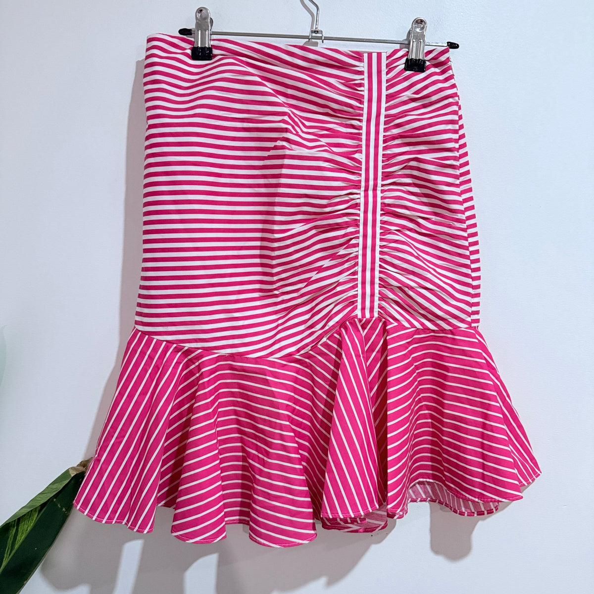 Zara Basic Pink & White Stripe Ruched Ruffle Hem Skirt Size S