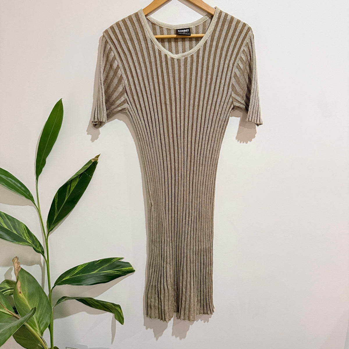 Sonny Knitwear NZ Gold & Cream Rib Knit Midi Dress Size 12