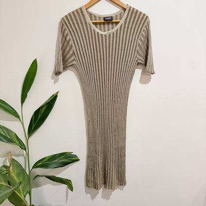 Sonny Knitwear NZ Gold & Cream Rib Knit Midi Dress Size 12