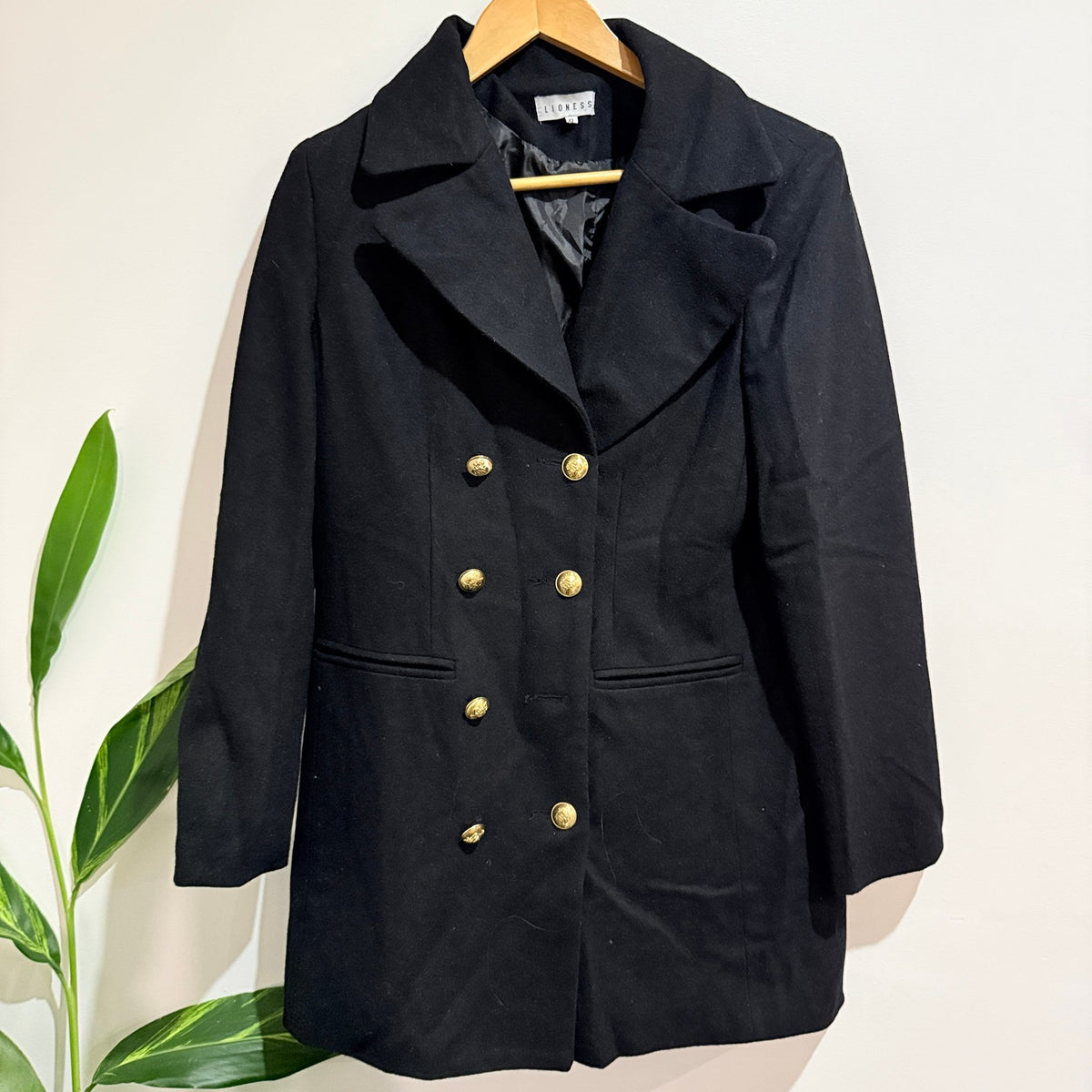 Lioness Black Wool Blend Double Breasted Coat Size XL (missing button)