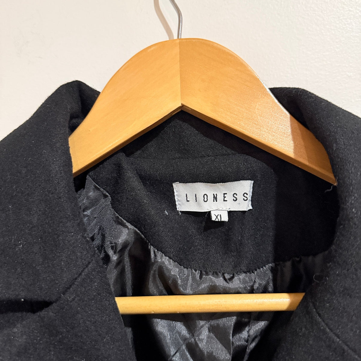 Lioness Black Wool Blend Double Breasted Coat Size XL (missing button)