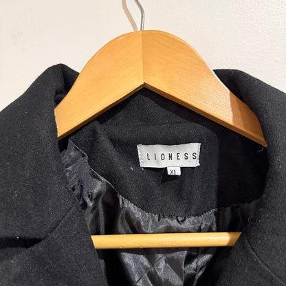 Lioness Black Wool Blend Double Breasted Coat Size XL (missing button)