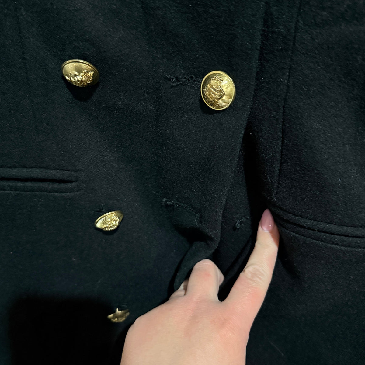 Lioness Black Wool Blend Double Breasted Coat Size XL (missing button)